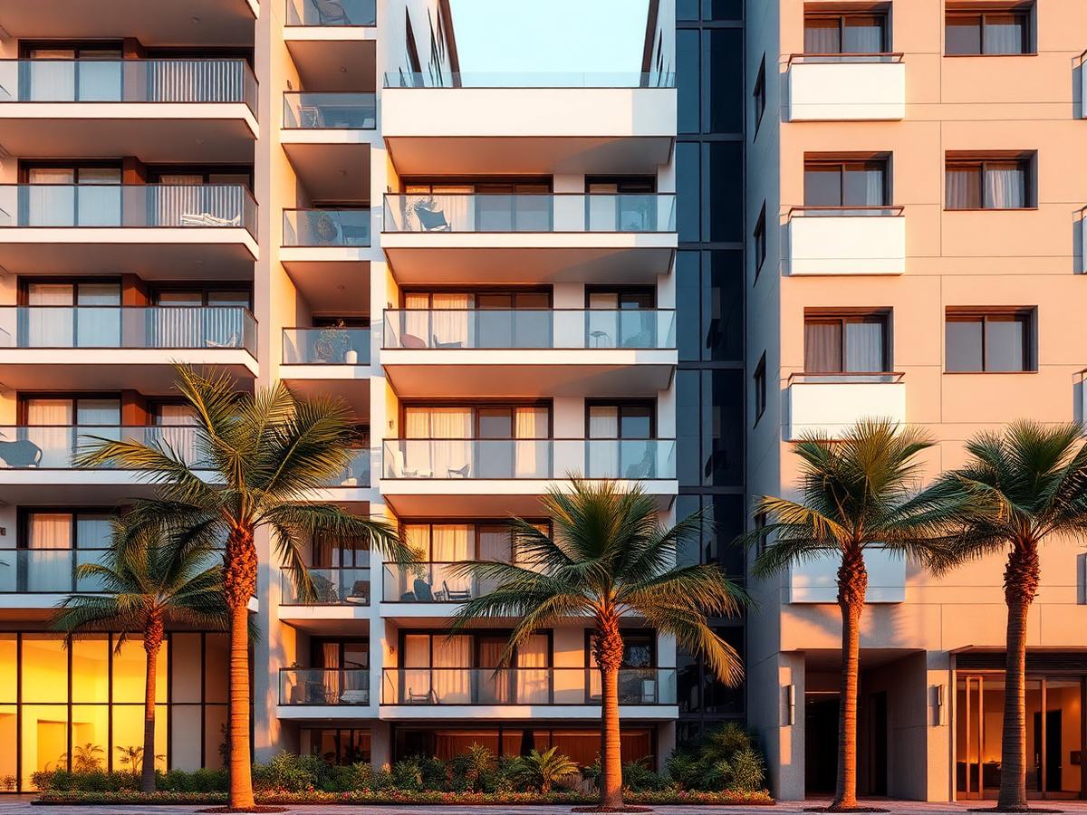 Modern serviced apartment building with balconies at sunset