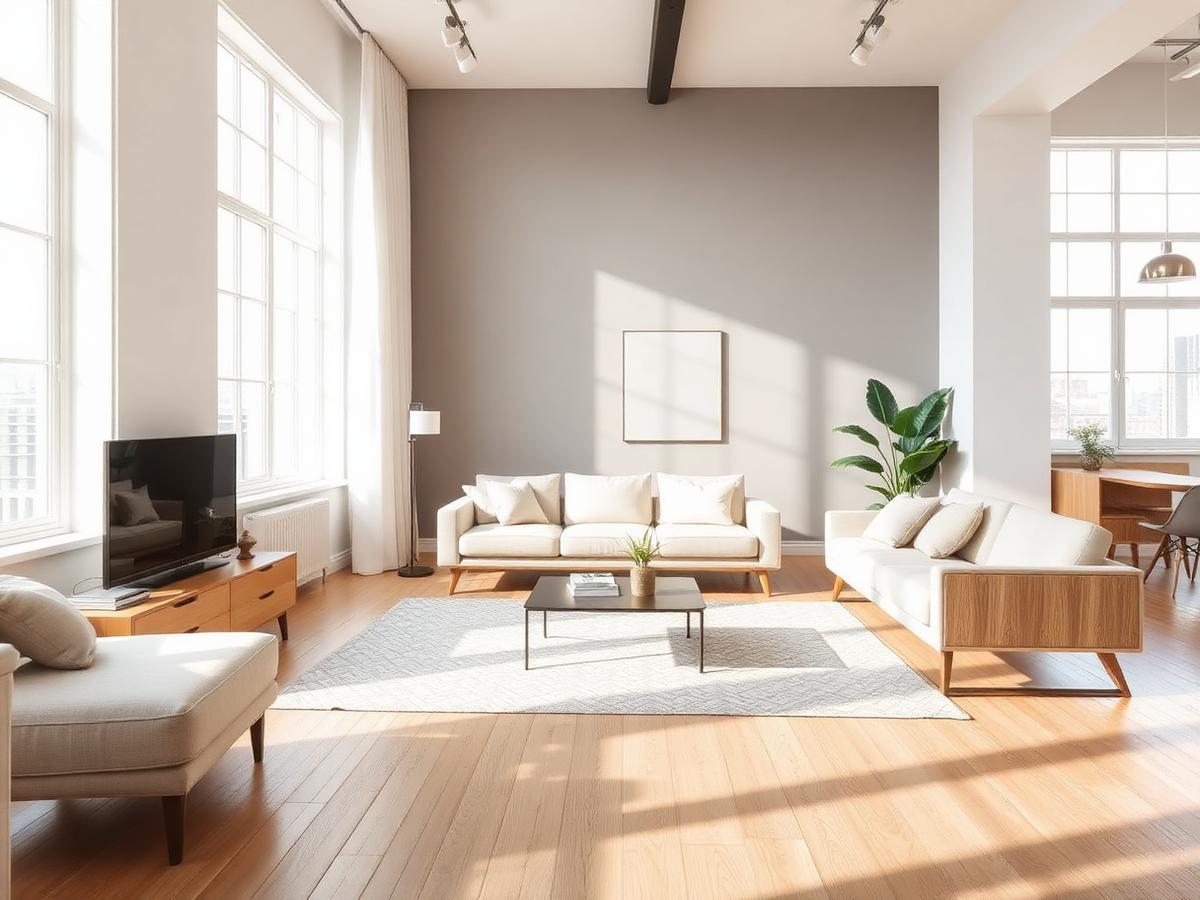 Bright modern apartment living room with neutral furniture and wooden floors
