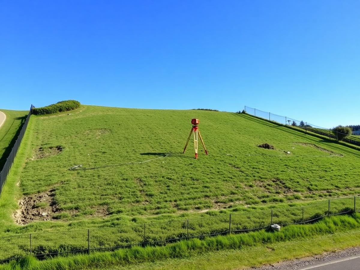 Cleared residential land plot with survey beacon and perimeter fence